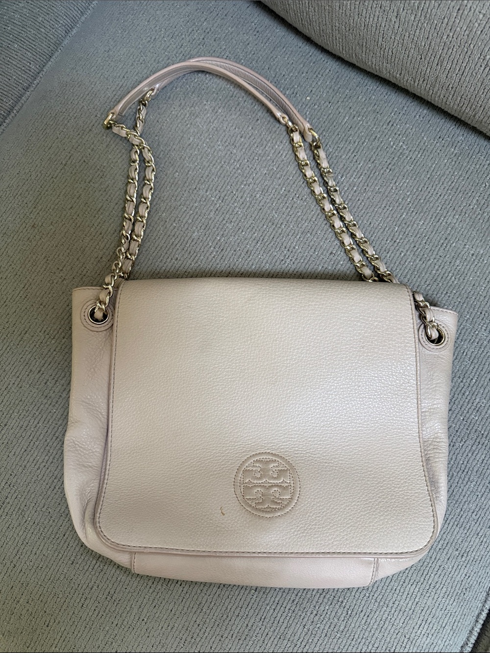 Tory Burch Blush Pebbled Leather Shoulder Bag with Chain Strap